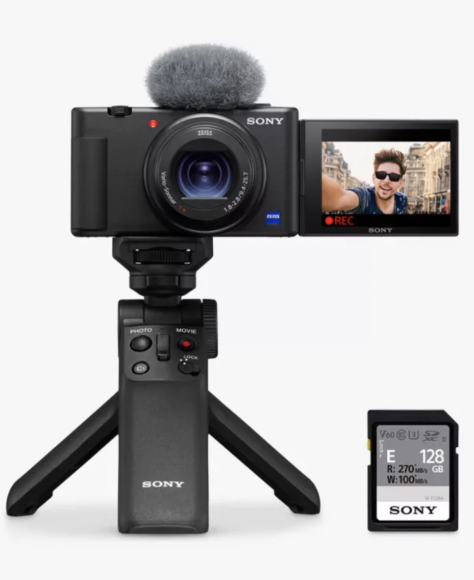 Sony ZV-1 Compact Vlogging Camera with 24-70mm Lens, 2.7x Optical Zoom, 4K Ultra HD, 20.1MP, Wi-Fi, Bluetooth, 3” Vari-Angle Touch Screen, Black, Vlogging Kit with Shooting Grip & 128GB Memory Card