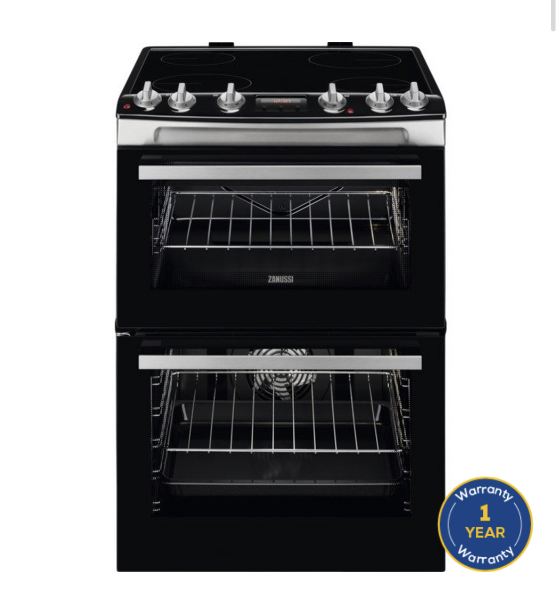Zanussi ZCV66078XA 60cm Electric Double Oven with Ceramic Hob - Stainless Steel