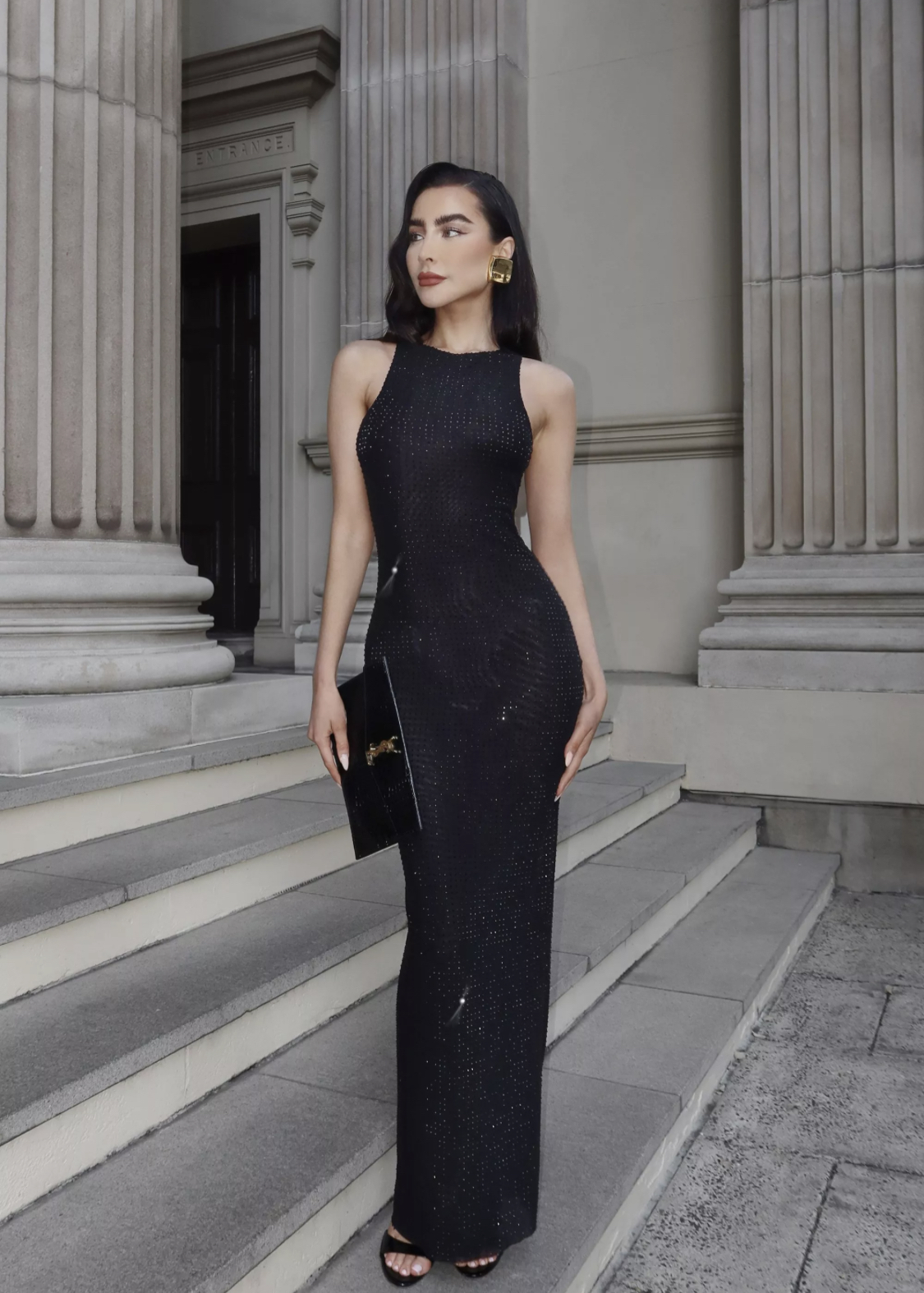 HOTFIX DIAMANTE RACER NECK MAXI DRESS
