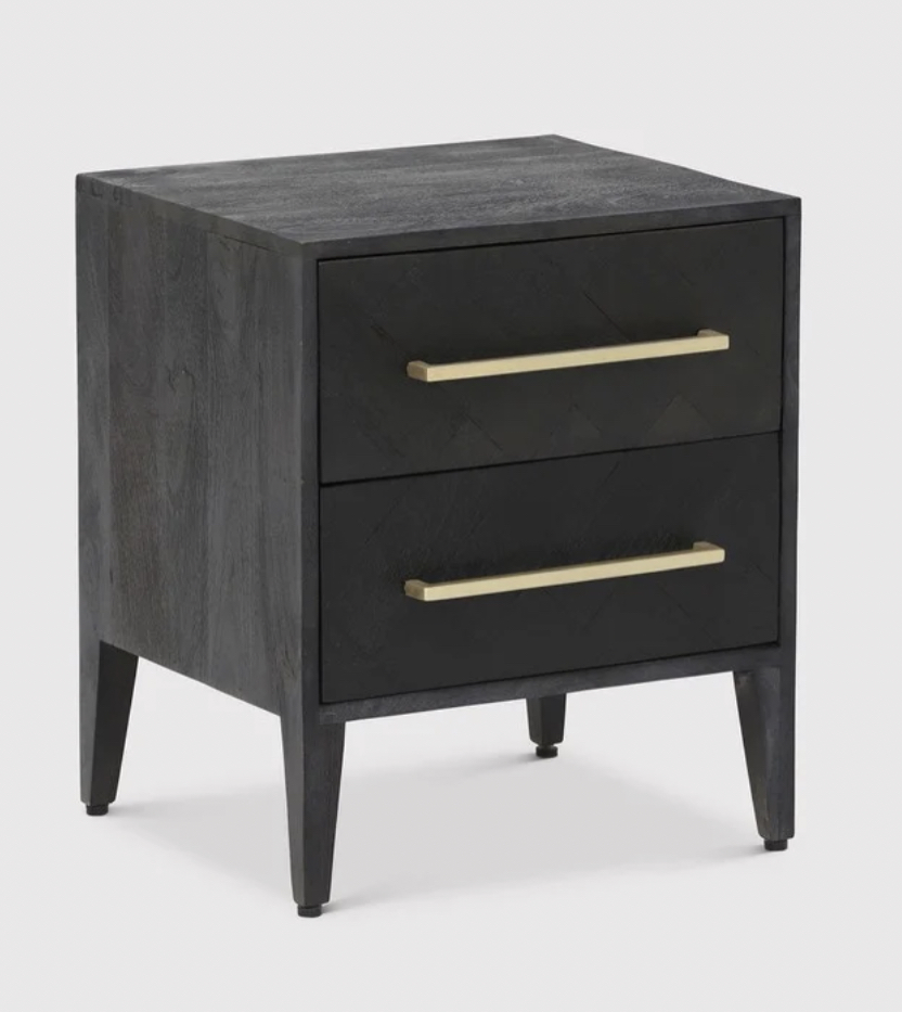 Onyx  2 Drawer Bedside  Black Mango and Antique Brass Handles