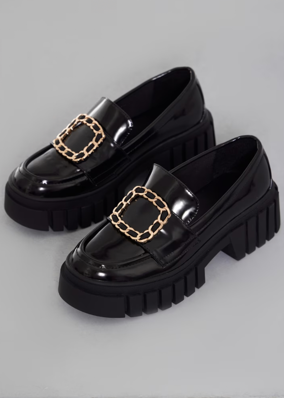 Black Pu Patent Round Chunky Gold Chain Buckle Platform Loafers