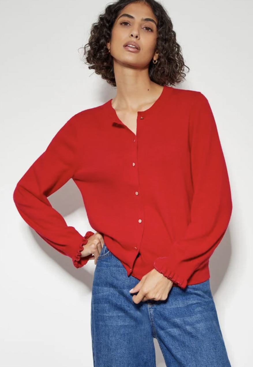 Cora frill crew neck cardigan red