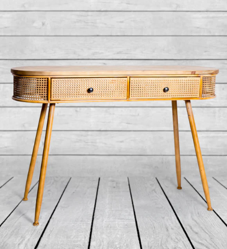 Rustic Metal Rattan and Wood Retro Desk/Console Table