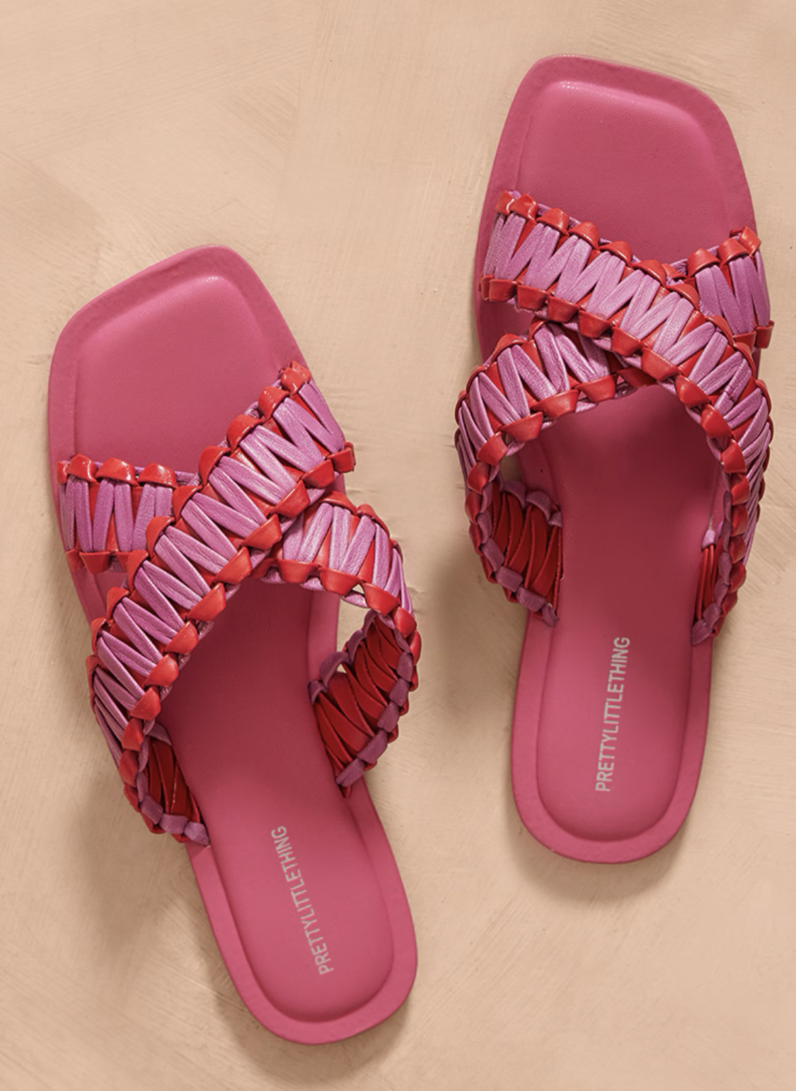 Pink And Red Real Leather Woven Strap Detail Flat Sandals
