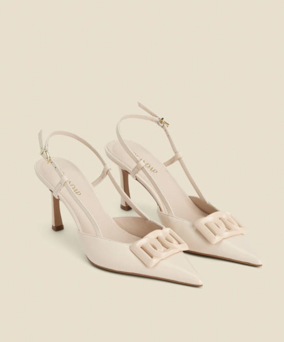 Ecru Leather Stiletto Heel Trim Detail Slingback Court Shoe