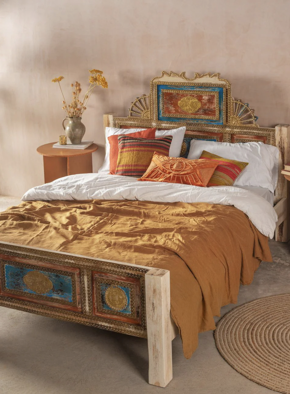 Bohemian Carved Bed with Vintage Finish