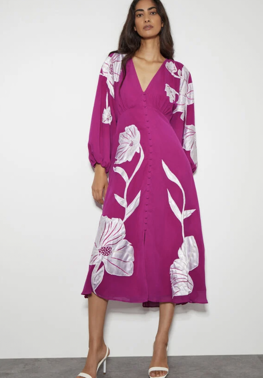 Talia floral applique midi tea dress purple