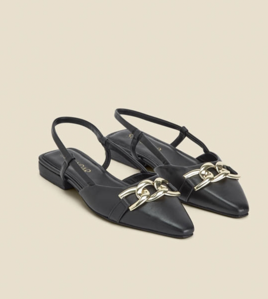 Black Leather Pointed Toe Flat Slingback Shoe With Gold Trim