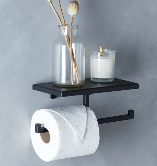 London Matt Black Toilet Roll Holder and Shelf