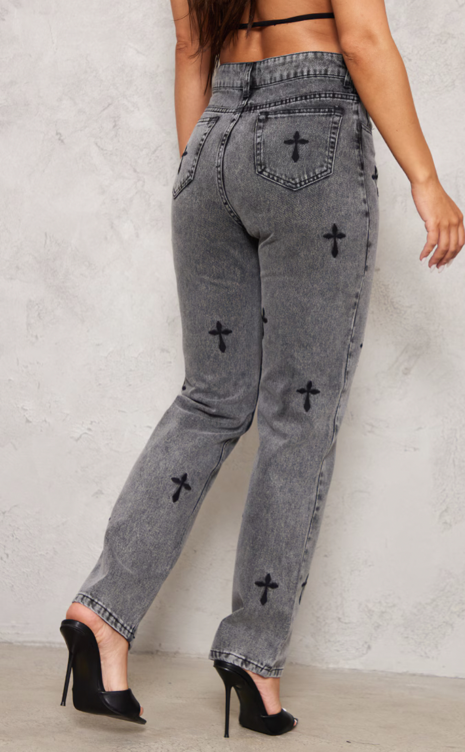 Washed Grey Cross Print Long Leg Straight Leg Jeans