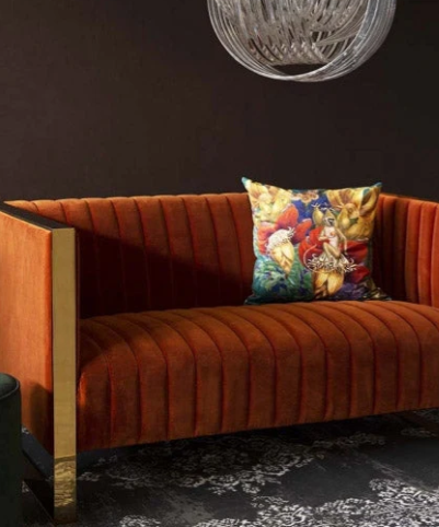 Retro 50's Style Burnt Orange Velvet 2 Seater Sofa With Gold Trim