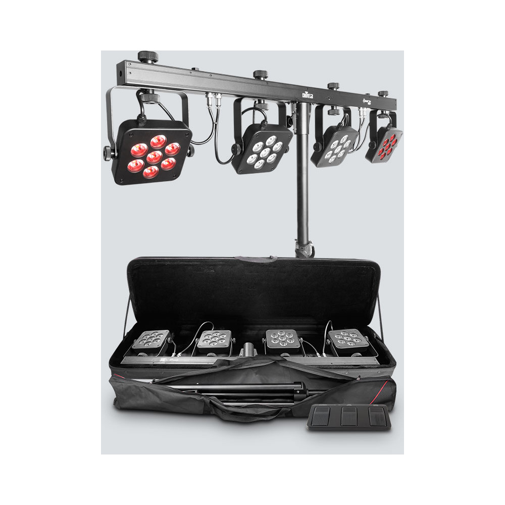 CHAUVET 4 BAR TRI USB LED LIGHTING PACKAGE - 4 TRI LED CANS ON T BAR W/STAND, FOOTSWITCH & CASE