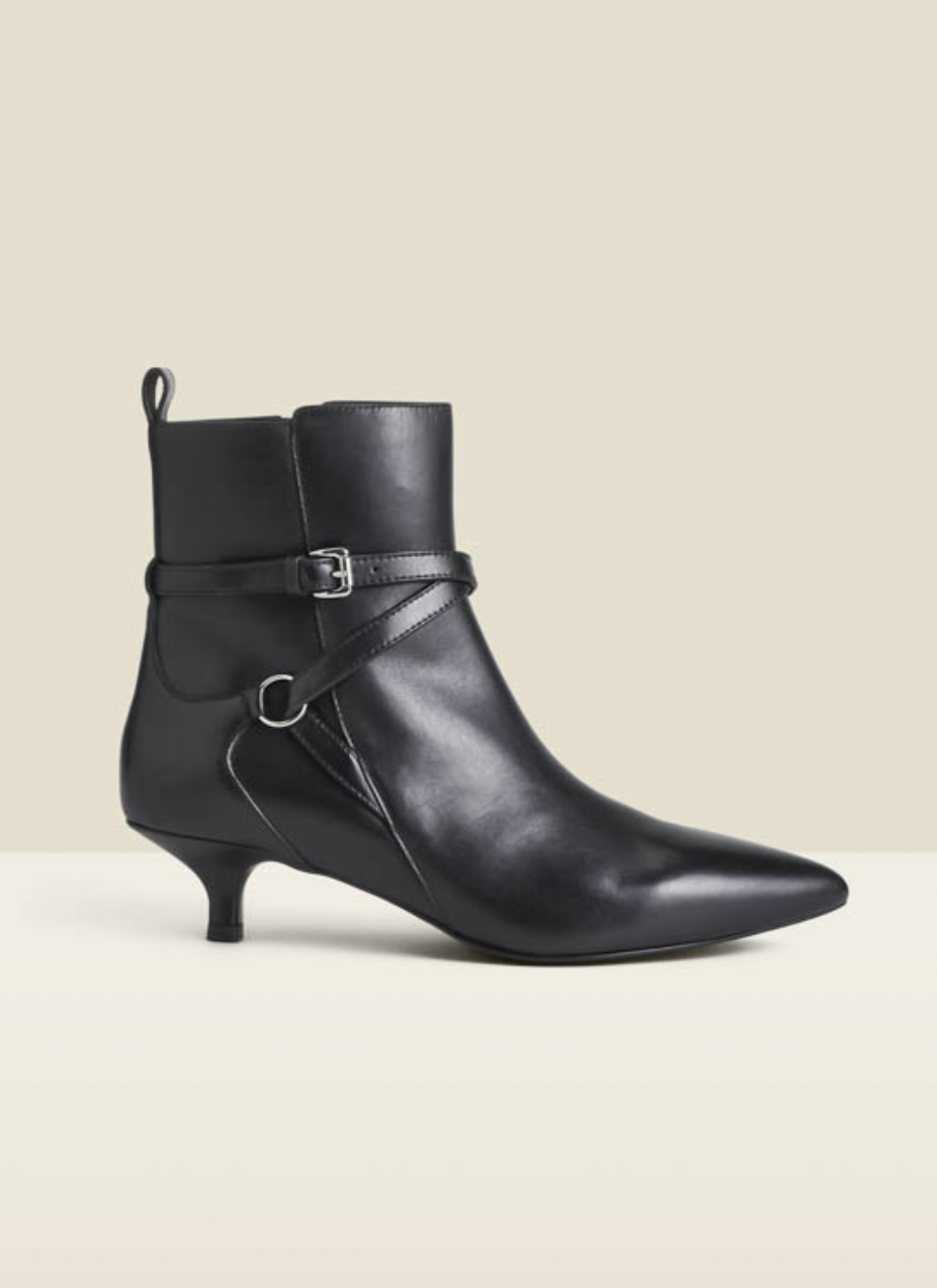 Black Leather Kitten Heel Ankle Boots With Buckle Detail