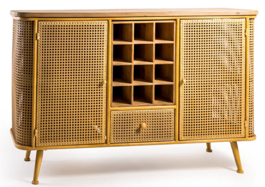 Rustic Metal Rattan and Wood Retro Sideboard Bar Unit