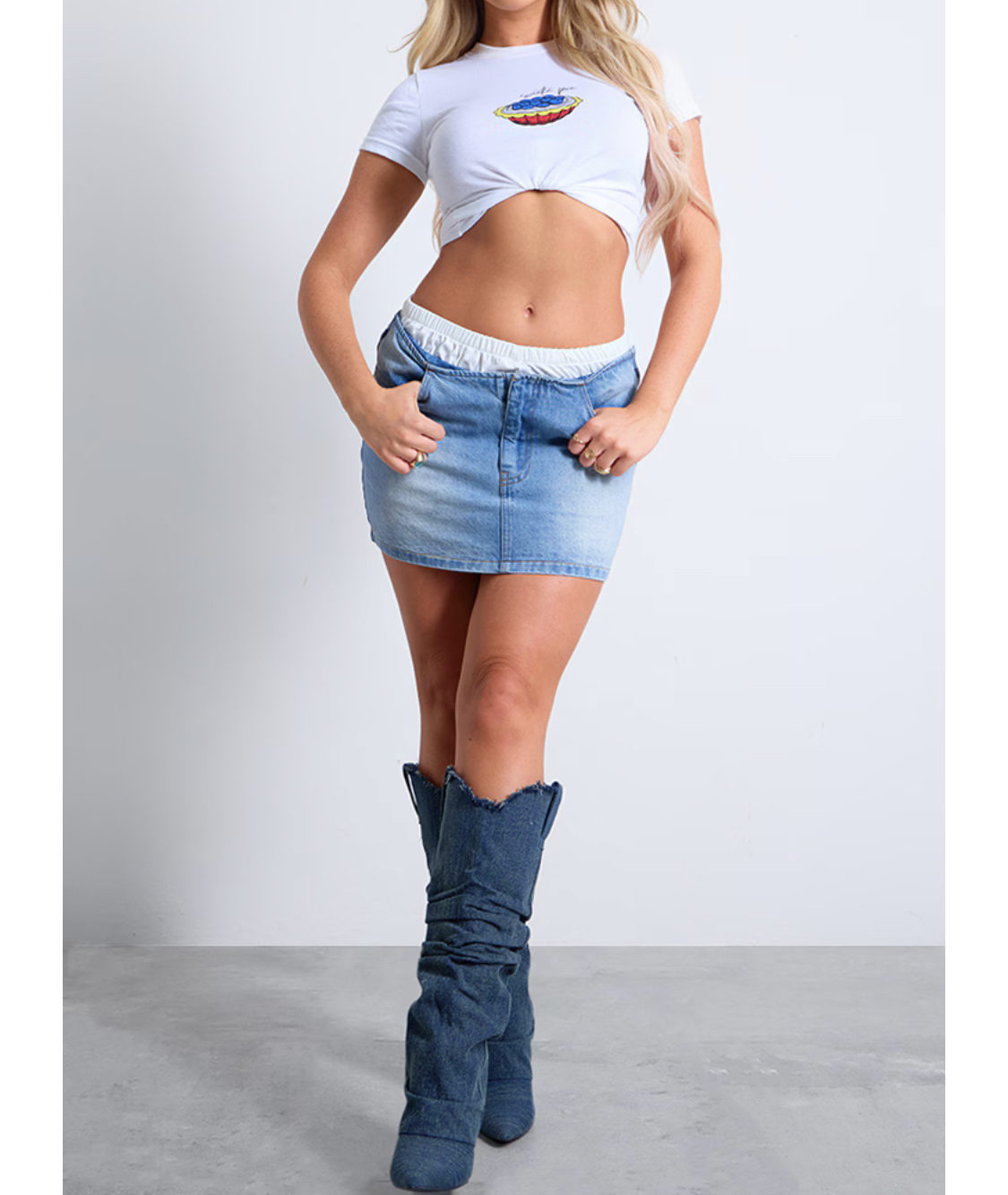 Light Blue Lace Waistband Denim Mini Skirt